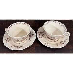 Antique Mason Patent Ironstone Watteau Brown Cup and Saucer Set of Two